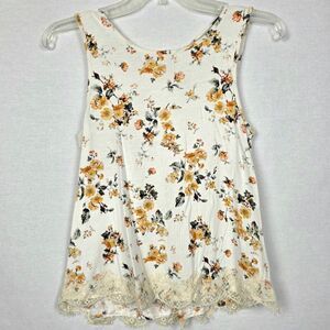 Rewind S Floral Lace Hem Tank Top Ivory Yellow Flowers